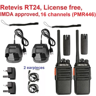 Singapore stock! IMDA Approved, Retevis RT24 Walkie Talkie 0.5W 16 Channel PMR446 Legal and License-Free (Singapore, Malaysia and Europe) Two Way Radio with 3 pin Charger and earpieces (Black, 1 Pair)