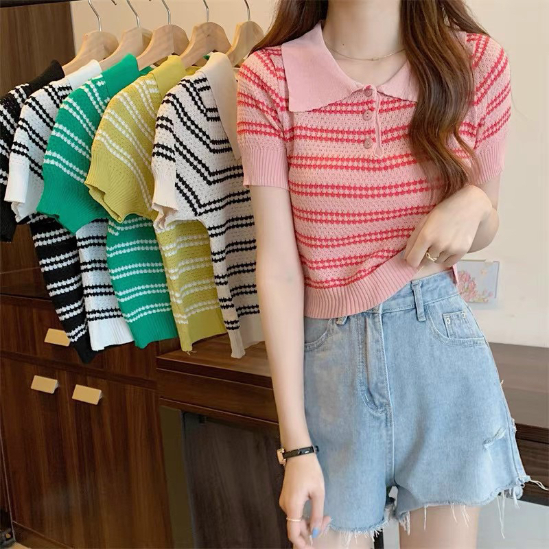 Áo polo len kẻ ngang cổ bẻ nhiều màu, Áo len cổ bẻ kẻ ngang AL7422 - NhiNhi Shop