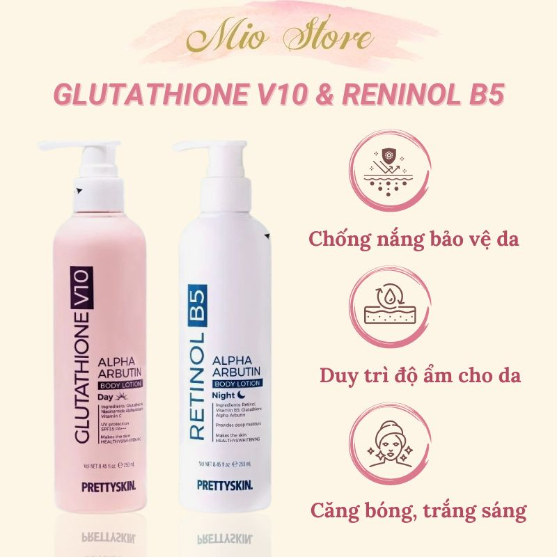 Kem Dưỡng Trắng Da Body Glutathione V10 Alpha Arbutin Body Lotion Prettyskin, Retinol B5 Pretty Skin