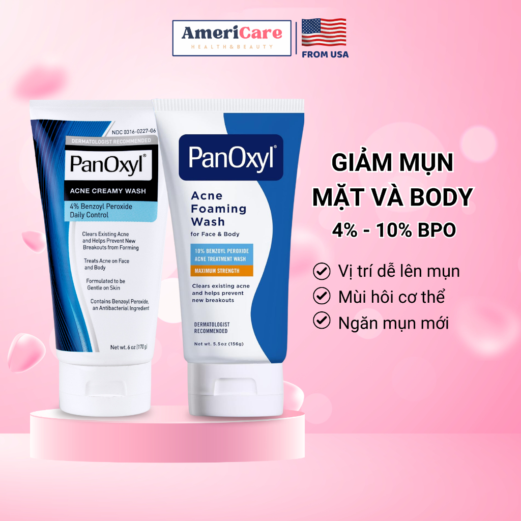 【💯Hàng thật Sữa rửa mặt giảm mụn Panoxyl Creamy Acne Wash 4% - Foaming Acne Wash 10% Benzoyl Peroxide