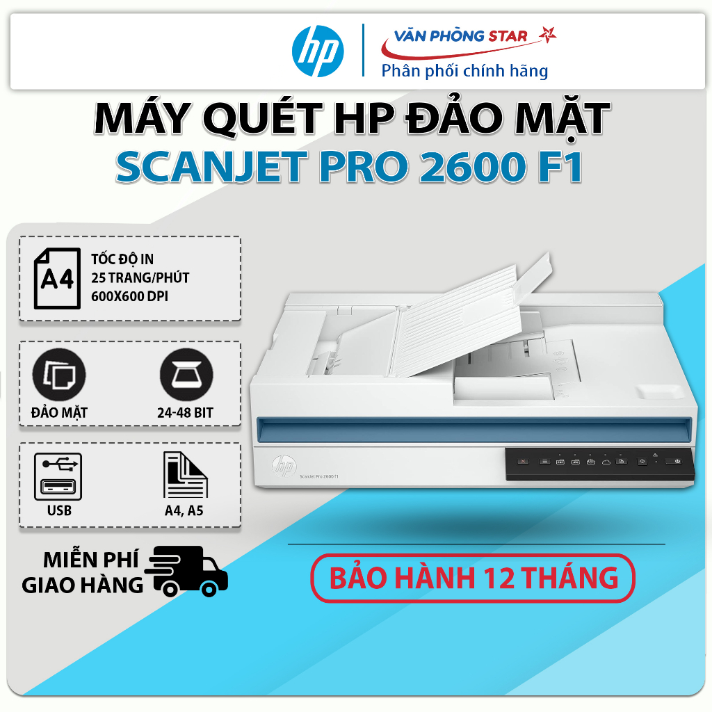 Máy Scan HP ScanJet Pro 2600 f1 - Máy Quét Tài Liệu A4 – Scan Phẳng + ADF 2 Mặt Tốc Độ 25 Trang/Phút
