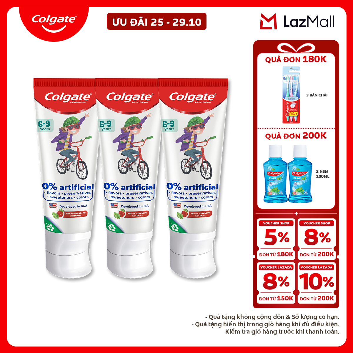 Bộ 3 Kem đánh răng Colgate Kid Free From dành cho trẻ em 6-9 tuổi không hương liệu và chất bảo quản 80g
