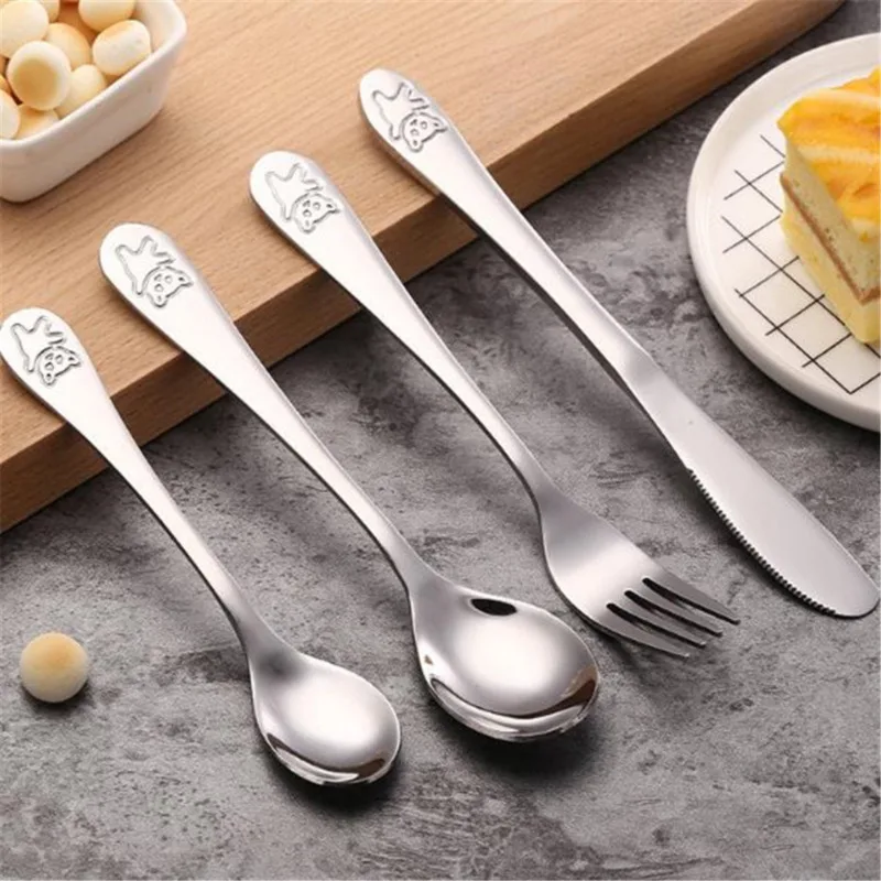 【Rear Waves】 Cartoon Bear Spoon Fork  Cutlery Set for Kids Travel Portable Cute 304 Stainless Steel Kitchen Dinnerware Set Tableware