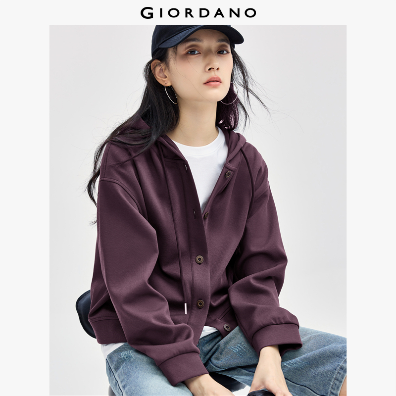 GIORDANO Nữ Áo khoác Áo khoác nỉ có mũ chống gió Cài nút Màu trơn Thời trang đơn giản Áo khoác nỉ thường ngày 18374903