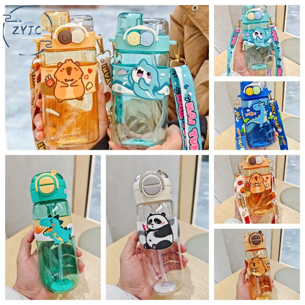 ZYJC SHOP Có ống hút Chai nước nhựa hoạt hình Không chứa BPA Chống rò rỉ Bình uống nước dễ thương Di động Sức chứa lớn Chai nước capybara Học sinh trẻ em