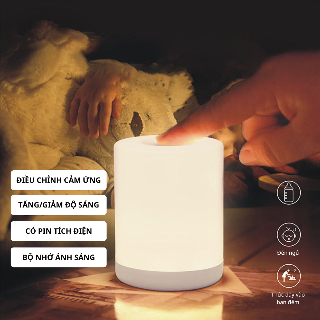 (Sticker Tặng Kèm ) Đèn ngủ mini để bàn tích điện cảm ứng thông minh, đèn phòng ngủ decor để bàn 3 màu ánh sáng