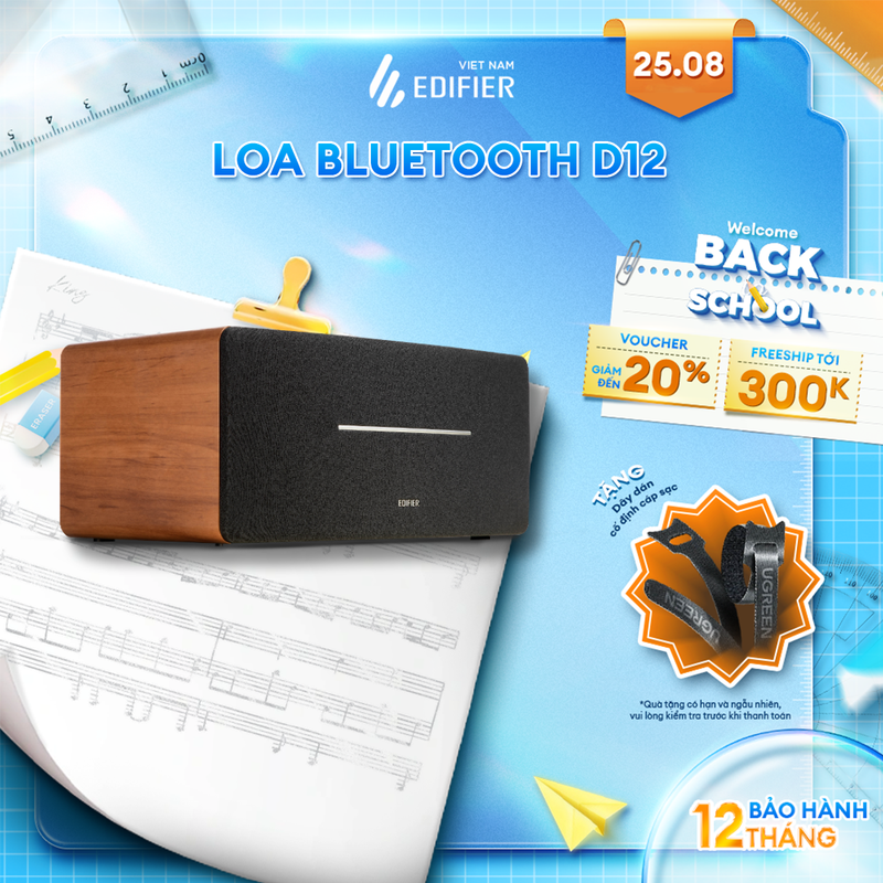 Loa Bluetooth 5.0 EDIFIER D12 | Vỏ gỗ chống dội âm | Hỗ trợ AUX âm thanh nổi Stereo | Kèm remote điều khiển | Bảo hành 12 tháng
