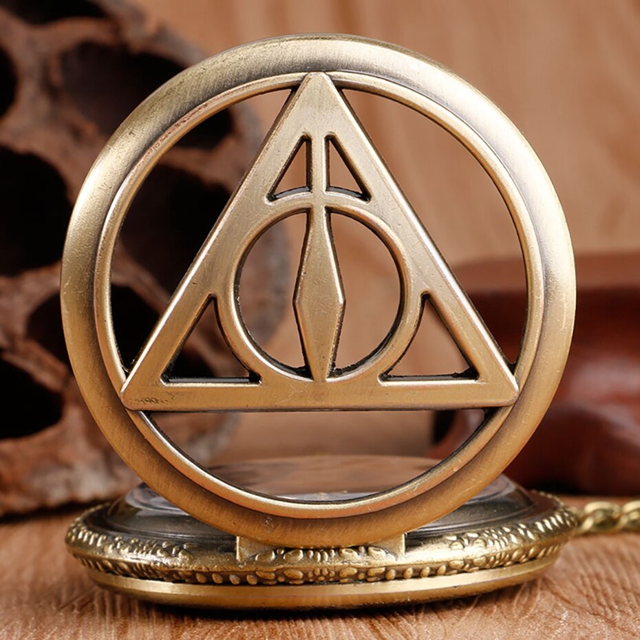 Bronze Retro Triangle The Deathly Hallows Lord Analog Harry Potter Quartz Pocket Watch Men Women Children Necklace Birthday Gift 2018 2019 (26)
