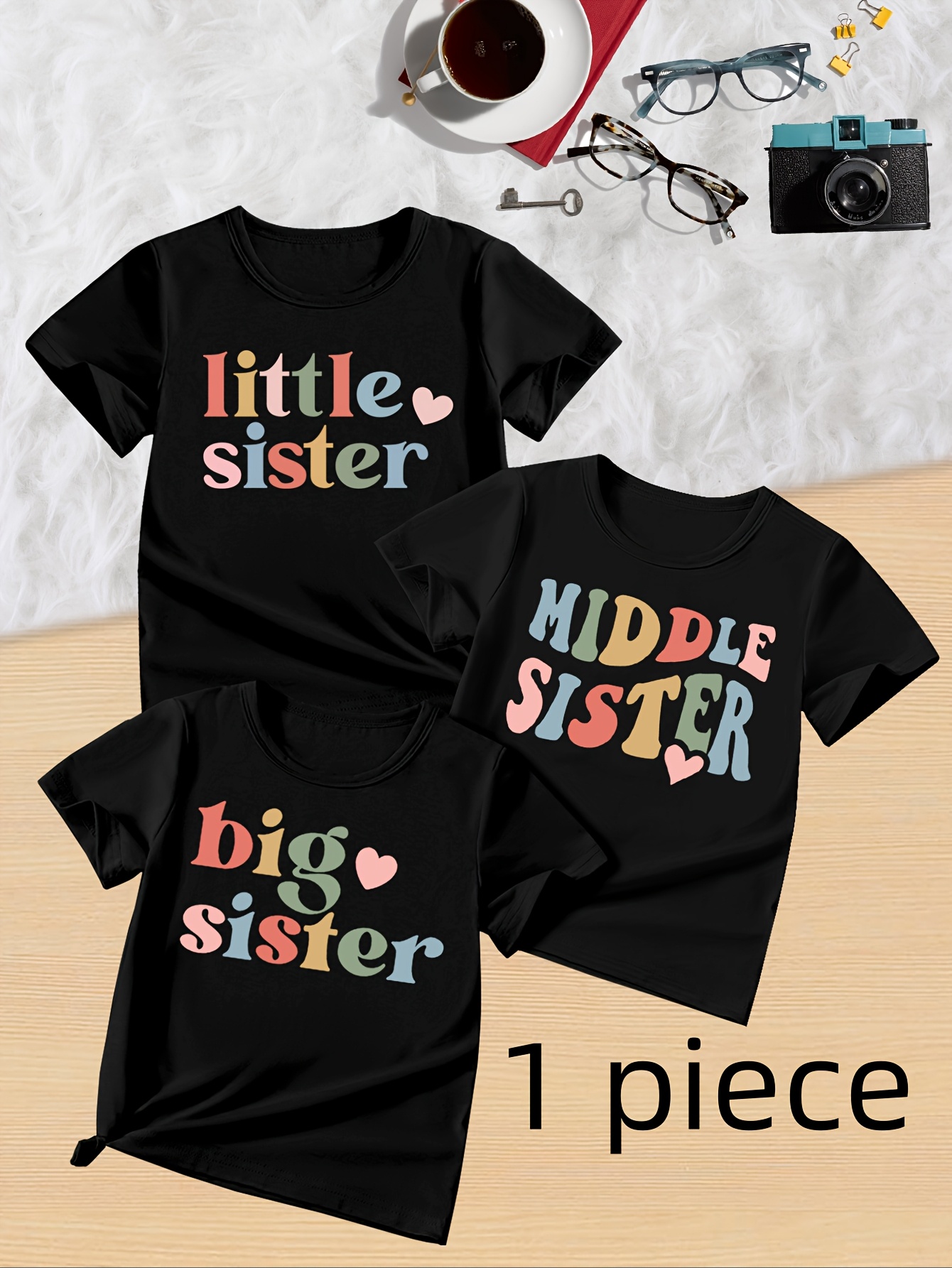 1 Piece Black T-Shirt Girls/Boys Colorful Big Sister Middler Sister Little Sister Heart Print T Shirt Girls Kawaii Kids Clothes