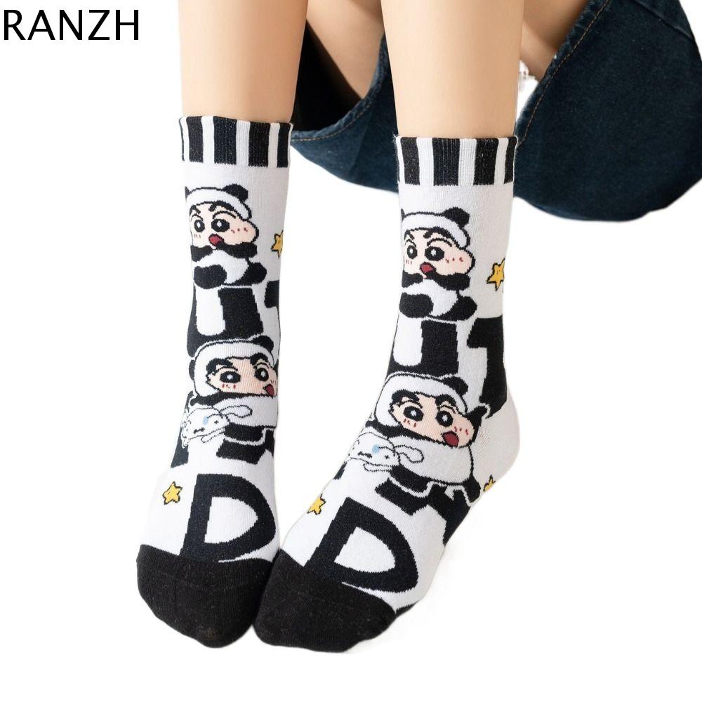 RANZH 4Pairs Phim hoạt hình anime Tất Shin chan bút chì màu Chấm Sọc Tất nữ Phong cách Hàn Quốc Dệt kim nữ Vớ ống giữa Nữ