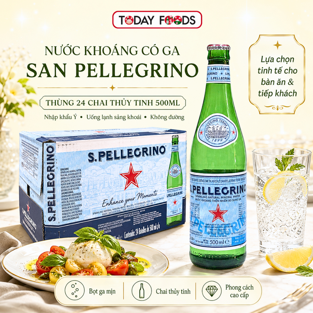 Nước khoáng có ga San Pellegrino thùng 24 chai | Chai thủy tinh 500ml nhập khẩu Ý