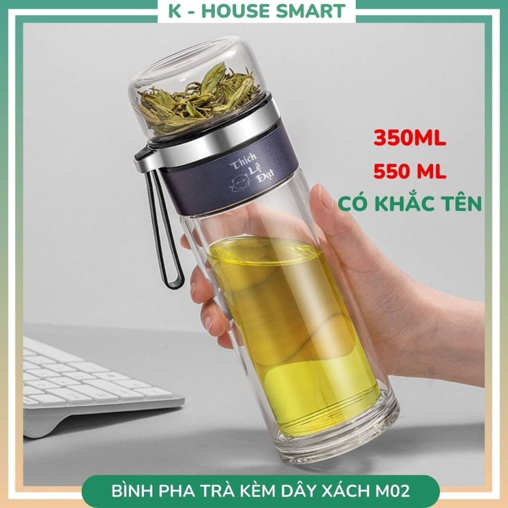 Bình pha trà 550ml cao cấp thuỷ tinh 2 lớp M02 mới có dây xách tiện lợi, bình đựng nước pha trà Khousesmart