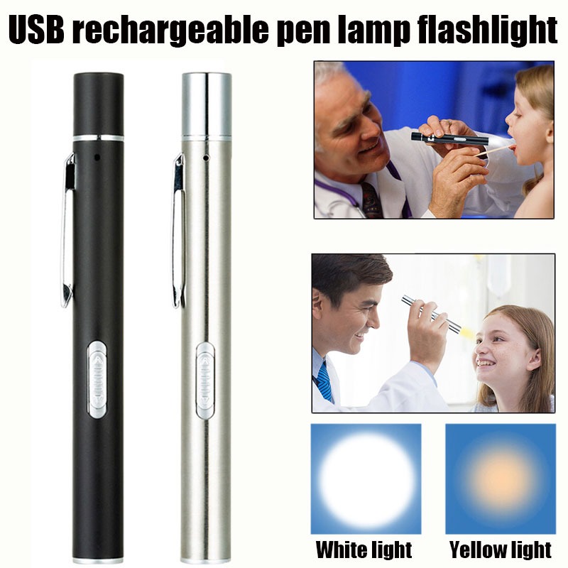 USB Mini Bút sạc được ánh sáng đèn Pin LED xách tay đèn Kép Thép không gỉ Clip đèn pin bỏ túi
