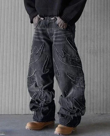 Y2k Hip Hop Quần bò rộng cho Nam giới đau khổ Retro Quần Đen Thêu Harajuku Gothic quần ống rộng dạo 