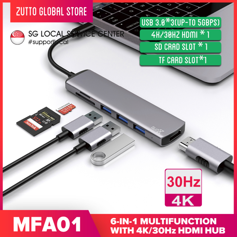 【Local SG Support】Zutto MFA-01 USB C Hub, 6 in 1 Multi-Function Dongle Adapter Fast Speed, USB C to HDMI 4K, SD/TF Card Reader and 3 USB 3.0 Ports for MacBook Pro, Google Chromebook, Samsung Galaxy S8/S9 and Other USB C Devices