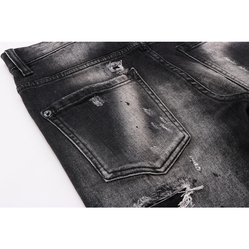 【A Popular】  Street Fashion Men Jeans Retro Black Gray Elastic Stretch Slim Fit Hole Ripped Jeans Men Patched Designer Hip Hop Brand Pants