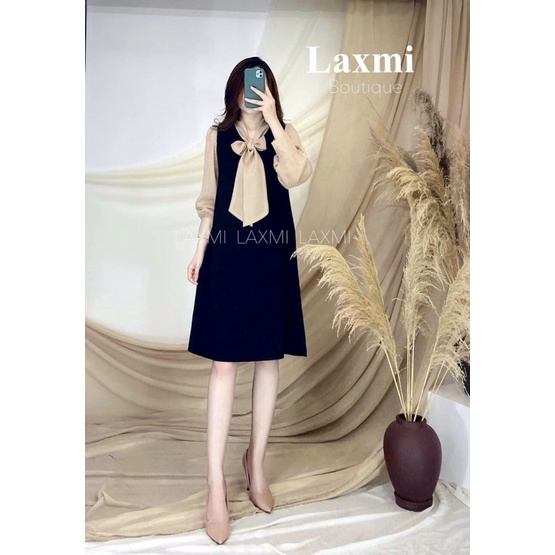 [FREESHIP + VOUCHER] Váy bầu công sở cổ buộc nơ thu đông dài tay B07