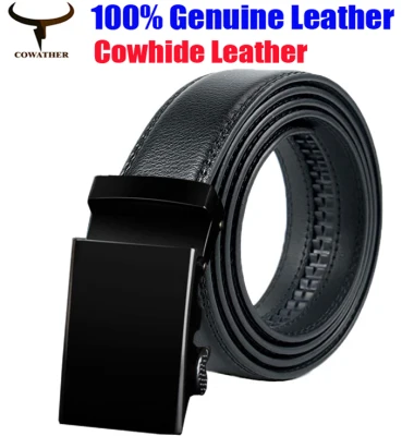 COWATHER Men Casual Leather Belt, Ratchet Click Genuine Leather Dress Belts for Men with Auto-slide Buckle. Size Customized