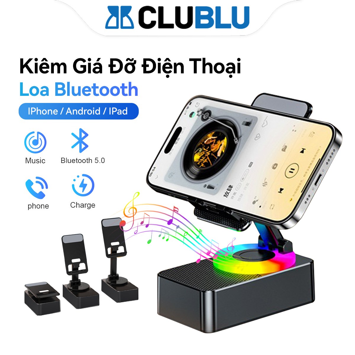 -CLUBLU- Loa Bluetooth / Sạc Dự Phòng / Kiêm Giá Đỡ Điện Thoại / Có Đèn LED 360 Độ Cầm Tay Nghe Nhạc