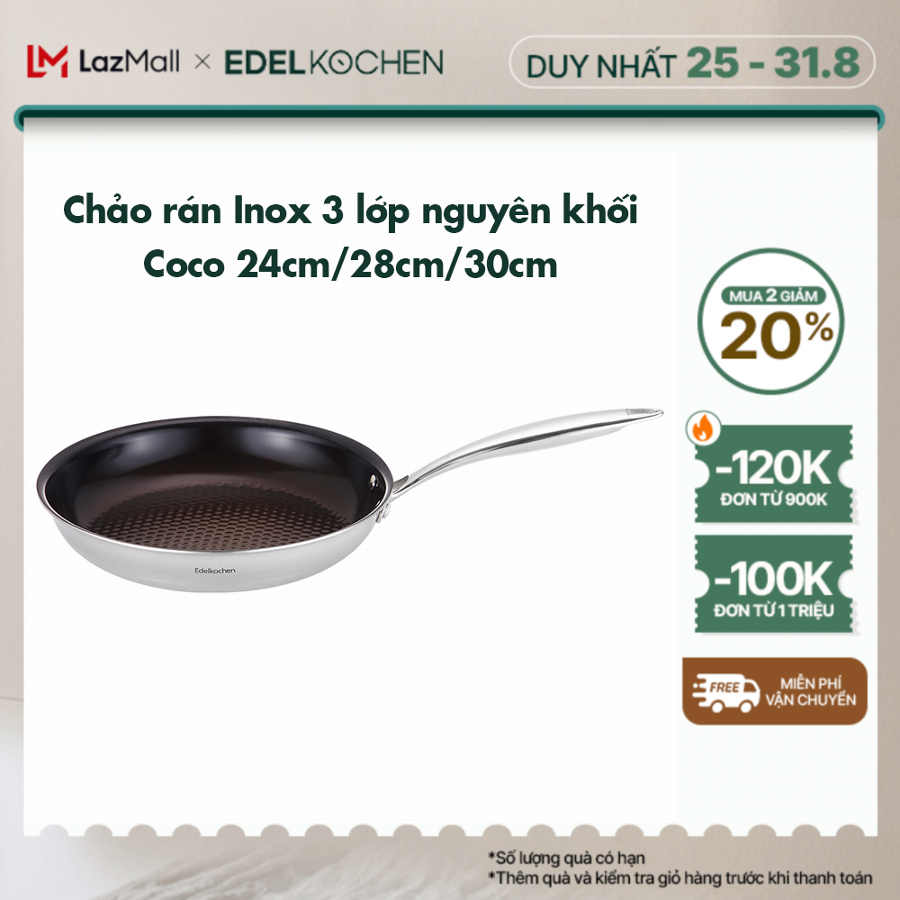 Chảo chiên inox 3 lớp nguyên khối Edelkochen Coco Collection 24/28/30cm – Màu Brown