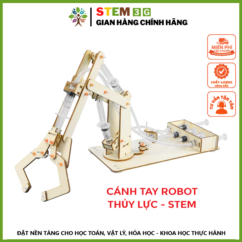 [MÔ HÌNH STEM] Cánh Tay Robot Thủy Lực (loại lớn) bằng gỗ. Đồ chơi lắp ráp khoa học sáng tạo STEM STEAM cho bé. STEM3G