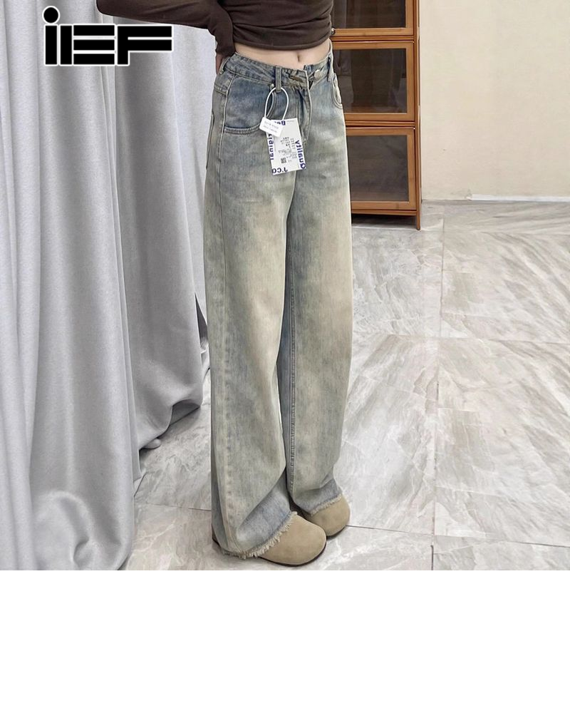 Ief cao-eo rộng-chân quần denim cho phụ nữ 2025 thiết kế mới đau khổ thẳng vừa vặn phong cách Hàn Quốc thường ngày