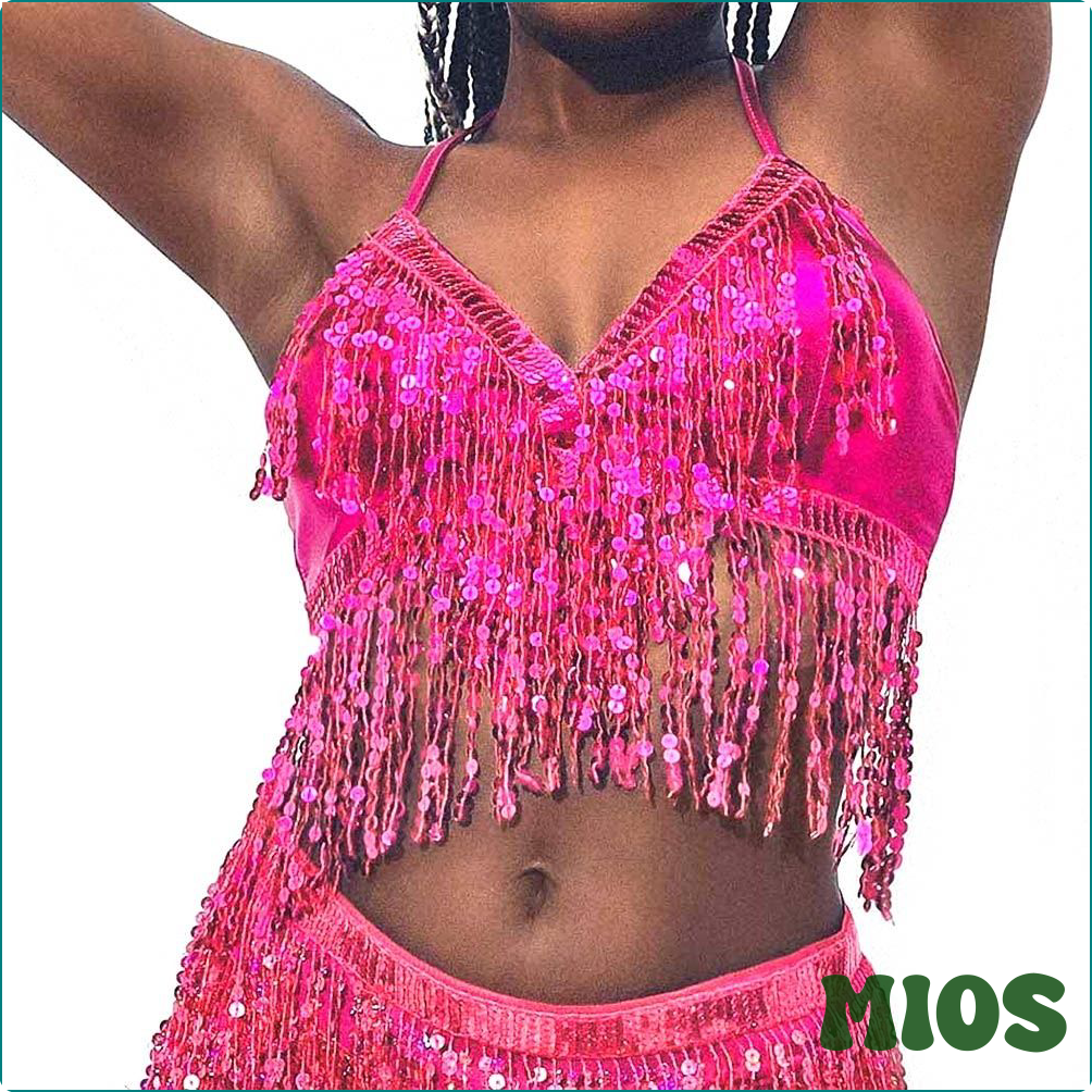 [Mios] lantejoula borla franja Top Para mulheres, sutiã Halter, desempenho boate, desbaste da dança do ventre, palco Show trajes ☆