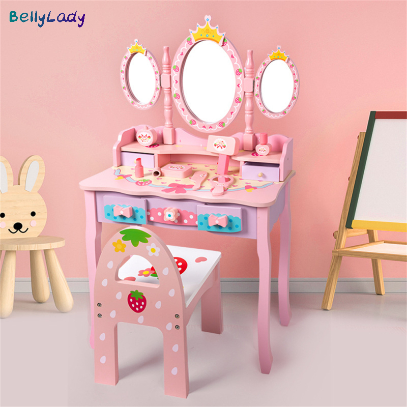 Kids Vanity Set With Mirror Wooden Pretend Play Makeup Table And Chair Set With Makeup Accessories Hair Dryer For Girls Gifts ราคา 12,214 บาท*ส่งฟรี