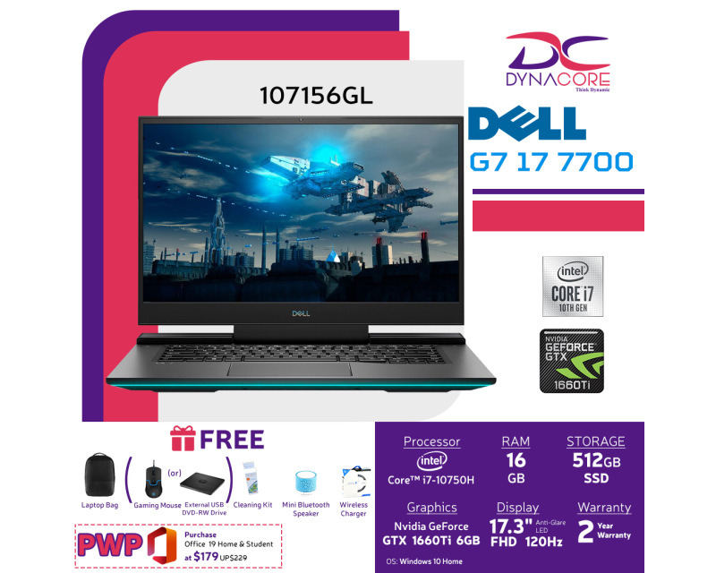 【DELIVERY IN 24 HOURS】 DYNACORE - DELL G7 17 7700 GAMING LAPTOP | 17.3inch | i7-10750H | 16GB RAM | 512GB SSD | GTX1660Ti 6GDR6 | WIN 10 HOME | 7700-107156GL