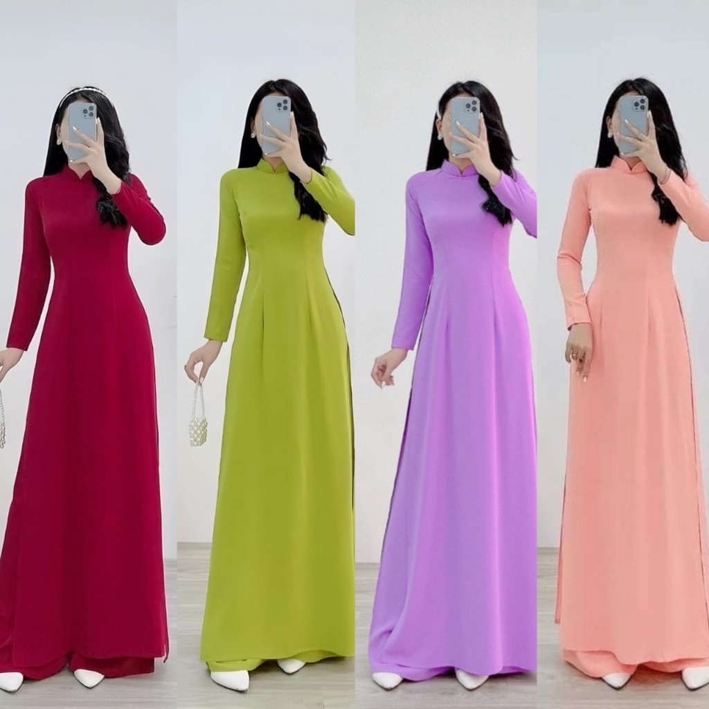 Áo Dài Truyền Thống Nữ Màu Trơn 2 Tà Lụa Mỹ Thi Co Giãn May Sẵn Cổ Cao 2cm Mặc Dự Tiệc Lễ Đi Học - Áo Dài Mieso