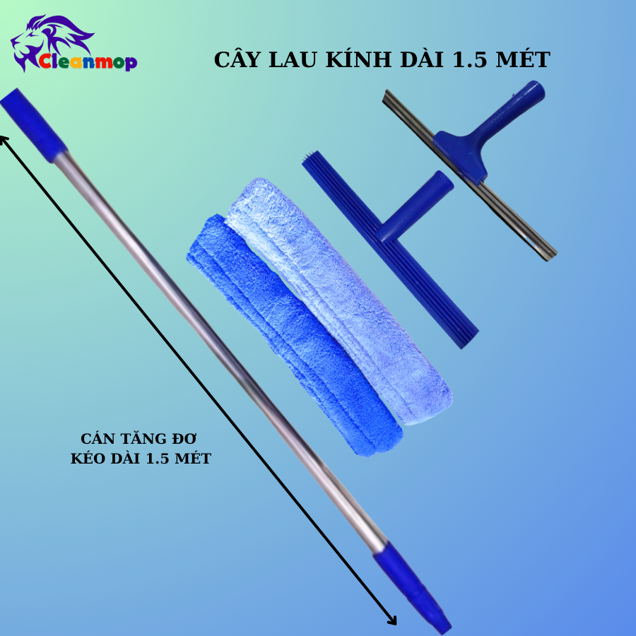 Bộ cây lau kính đa năng tiện dụng 2-1 gồm cây lau inox cán dài 1m5 đầu lau, gạt nước kính siêu sạch