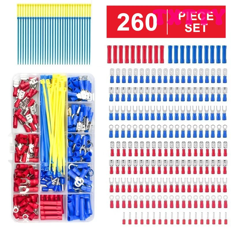 [TXTTY] 260 stücke Spaten klemmen, isolierter Kabelst ecker, elektrisch sortierte Crimp-Stoßringgabel-Set-Rings chuhe
