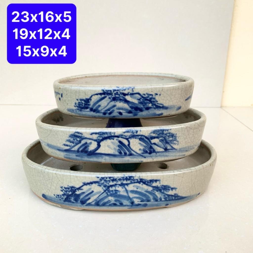 Chậu Oval bonsai cây cảnh màu men Rạn 3 size SP772