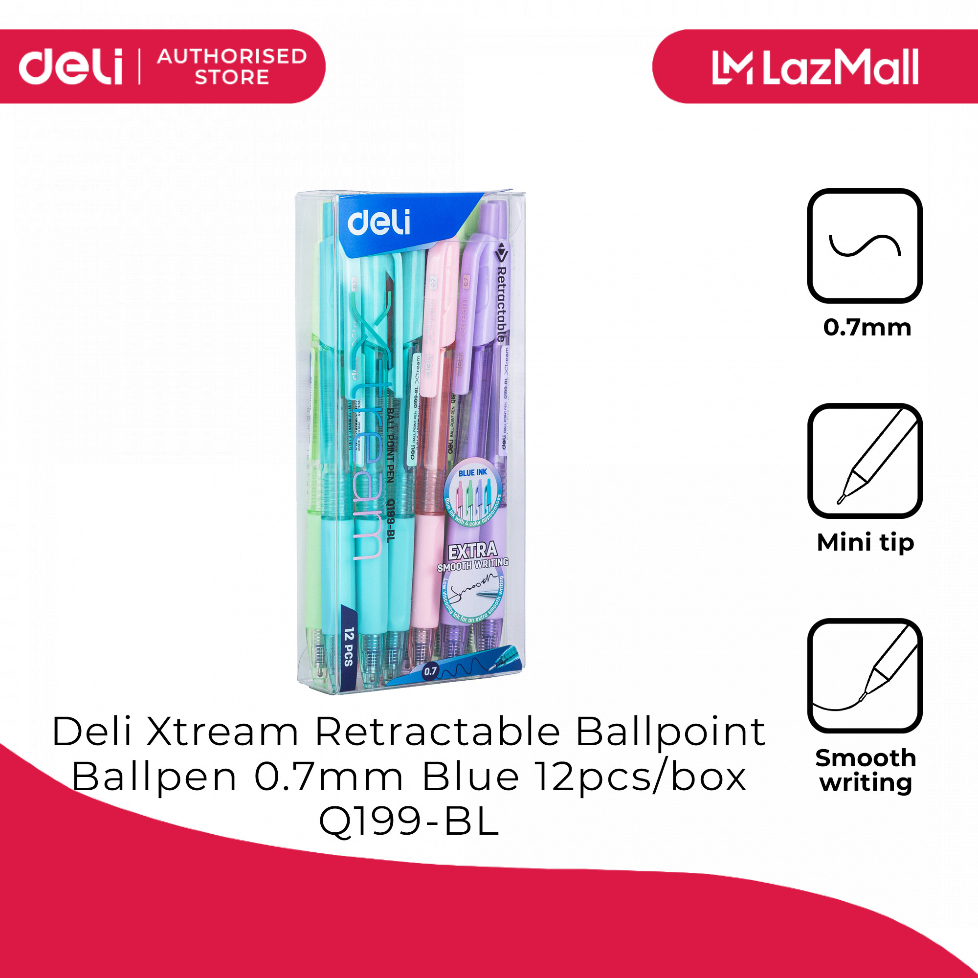 Deli Xtream Retractable Ballpoint Ballpen 0.7mm Blue 12pcs/box Q199-BL 79Q199-BLP12