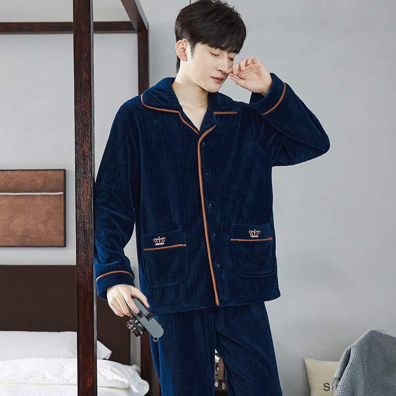 Người Đàn Ông nỉ ấm áp Mùa Thu đồ ngủ mùa đông Lần Lượt cổ áo nhồi lông Dài Tay Quần Bộ đồ hai mảnh dáng rộng thoải mái Ngủ Phòng Chờ Bộ