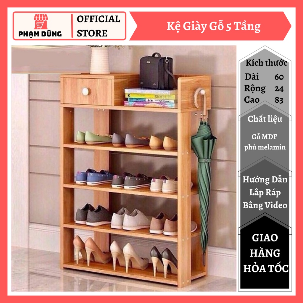 Kệ giày gỗ 5 tầng có ngăn tủ