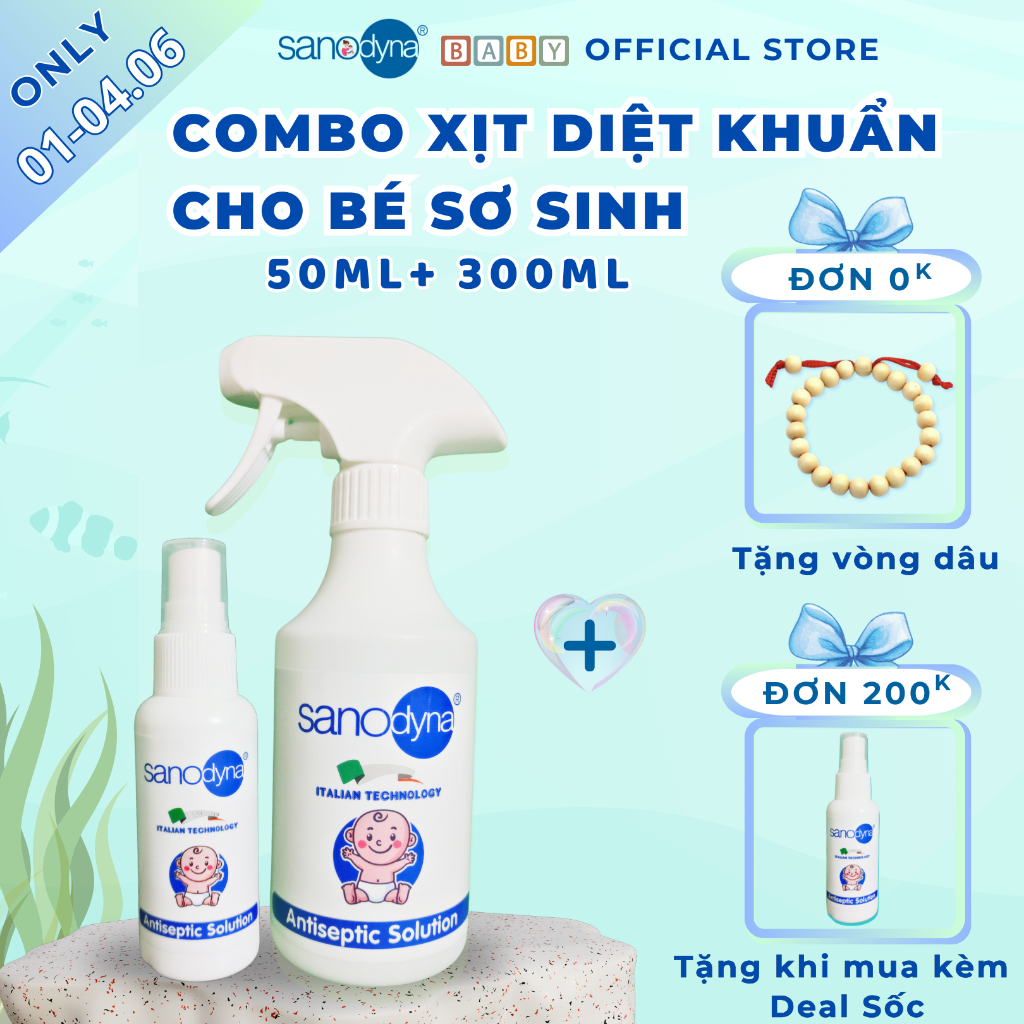 Combo Xịt khuẩn cho bé, khử mùi cho đồ chơi, tiệt trùng bình sữa, ti giả công nghệ Italia - Sanodyna Baby B50&B300