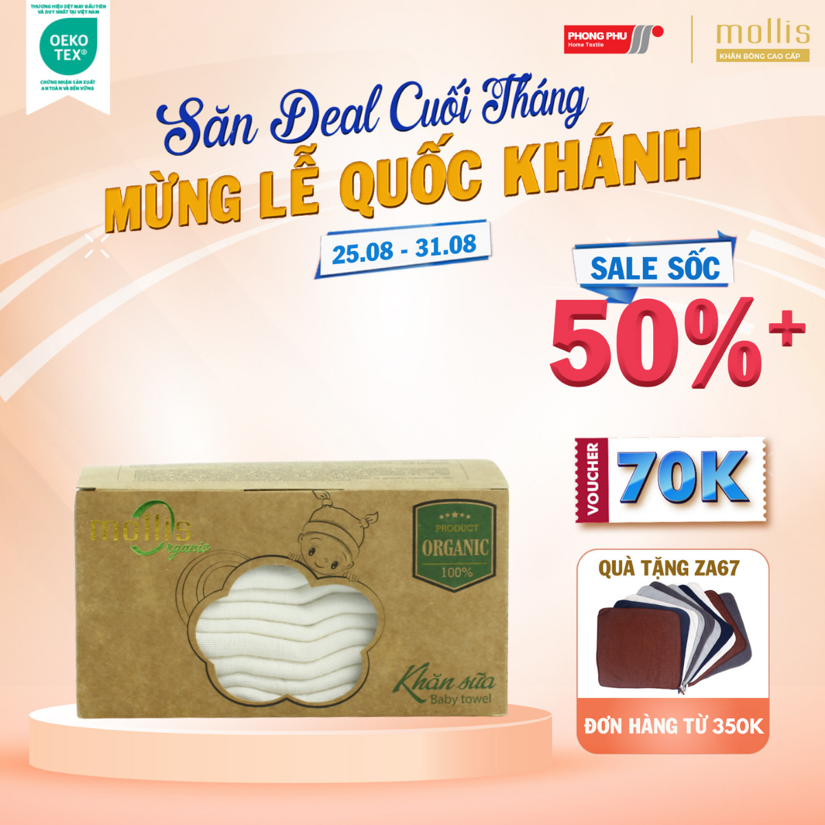 Bộ 10 Khăn Sữa Mollis Cotton Organic 30x30cm Khăn Cao Cấp Cotton Hữu Cơ Thấm Hút An Toàn Với Làn Da Em Bé Nhạy Cảm P777