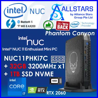 (ALLSTARS : NUC PROMO) Intel Phantom Canyon NUC11PH / NUC11PHK (NUC11PHKi7C + 32GB DDR4 3200MHz + 1TB NVME SSD + UNACTIVATED MS Windows 10 Home) Mini PC (Intel Core i7 1165G7 / RTX 2060 6GB Graphics / HDMI+MDP+2x TBT4 Type-C / 2.5G LAN / WIFI6 / BT5.0)