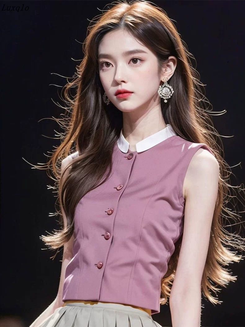 Luxqlo Sleeveless Shirt Women New Fashion Slim Cropped Blouse Korean Style Summer Pink Top 2025 ราคา 231 บาท*ส่งฟรี