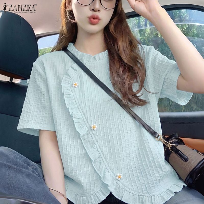ZANZEA Korean Style Women Elegant Stylish Short Sleeve With Agaric Laces Blouses O Neck Plain Surplice Top #0629 ราคา 336 บาท*ส่งฟรี