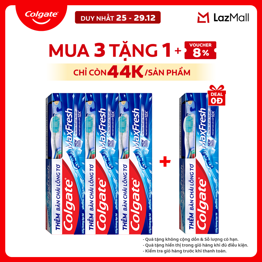   Chỉ 25-29.12_Mua 3 tặng 1-Chỉ còn 44K tuýp  Bộ 3 Kem đánh răng Colgate MaxFresh ULTRAFREEZE the mát gấp 10X 225g tuýp tặng bàn chải đánh răng lông tơ cao cấp 