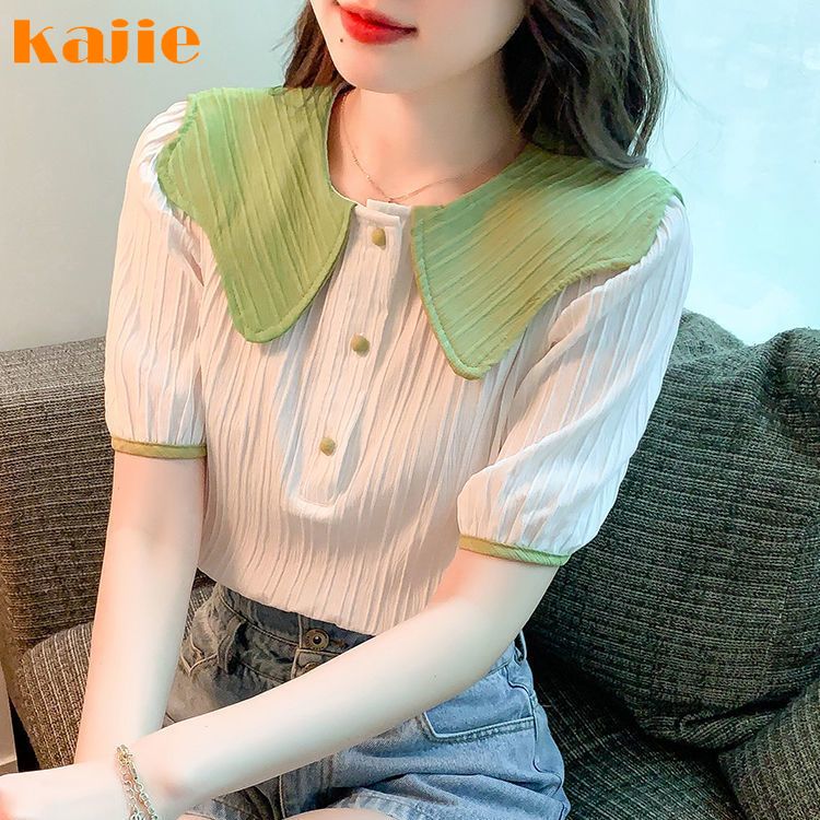 Summer New Doll Neck Loose Fashion Shirt High Quality Bubble Sleeves Chiffon Versatile Top for Women