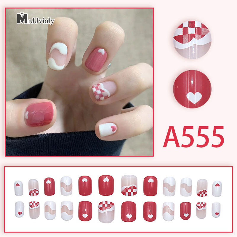 MrJJvialy Fresh, sweet, cool style nail art in summer, wearing nail pieces, French lines, smudging, detachable fake nail pieces ราคา  13 บาท*ส่งฟรี