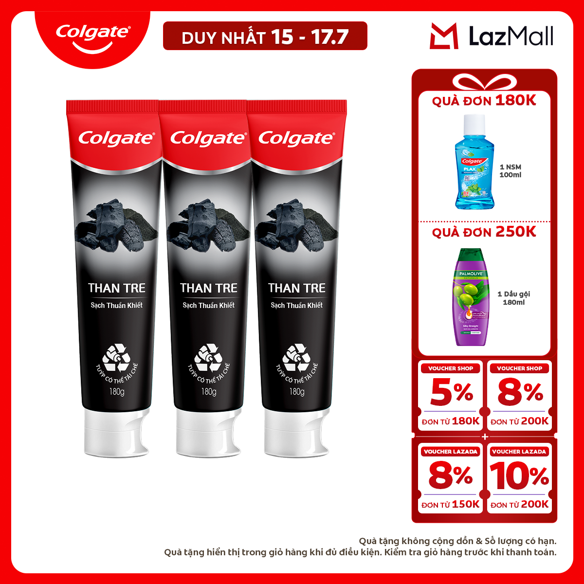 [Chỉ 15-17.7_X2 Voucher giảm đến 18%] Bộ 3 Kem đánh răng Colgate thiên nhiên khử mùi diệt khuẩn từ Than tre Hàn Quốc  bạc hà 180g/ tuýp