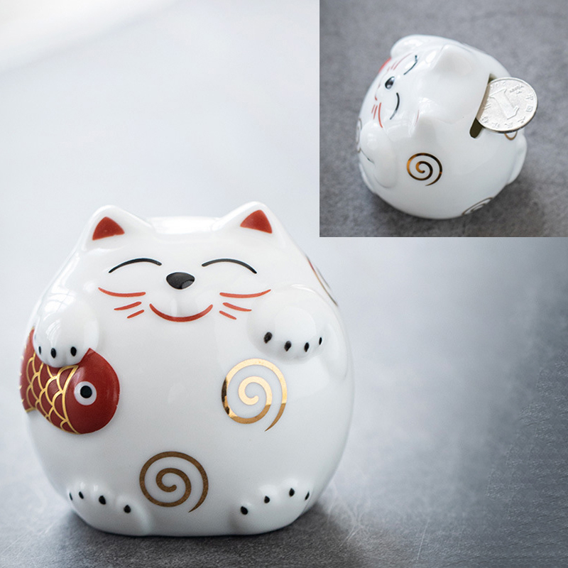 Fortune Cat Piggy Bank - Ceramic Lucky Cat Money Box Home
