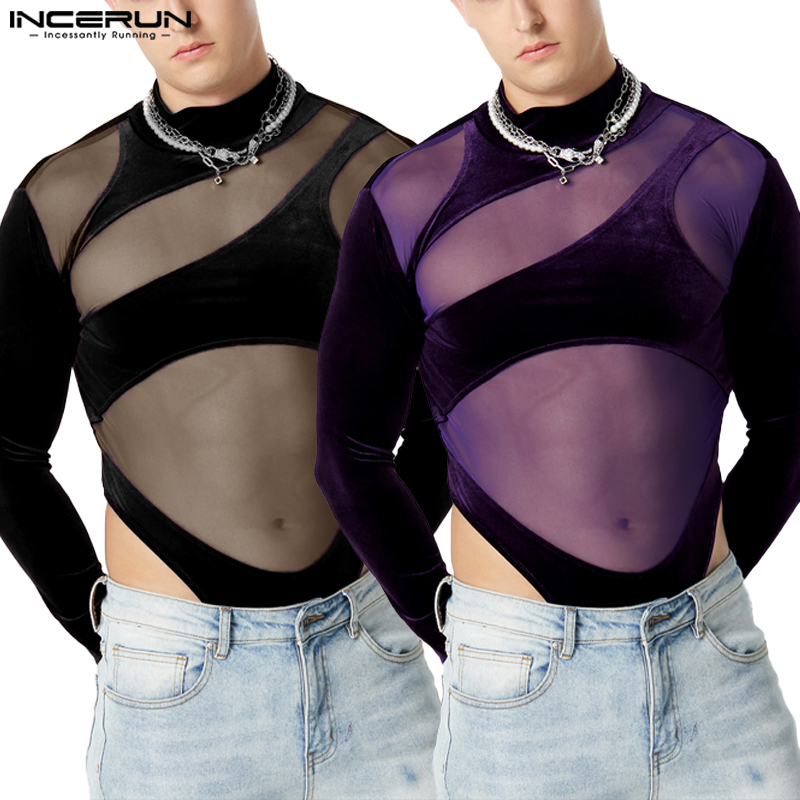 ChArmkpR Store nam hiệu incerun xuyên thấu Skinny Jumpsuit cổ cao vừa ghép lưới bodysuit (phong cách phương Tây)