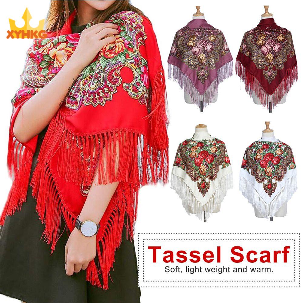 XYHKG Bông Thời trang Pashmina Phong cách Nga In ấn Floural Khăn choàng Khăn vuông Kết thúc Tua khăn