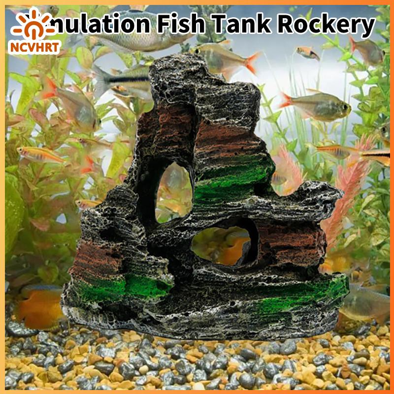 NCVHRT Rockery Điêu Khắc Cỏ Xanh Cá Aquarium trang trí nội thất Phụ kiện hồ cá, Aquarium resin Cave Mountain View trang trí nội thất