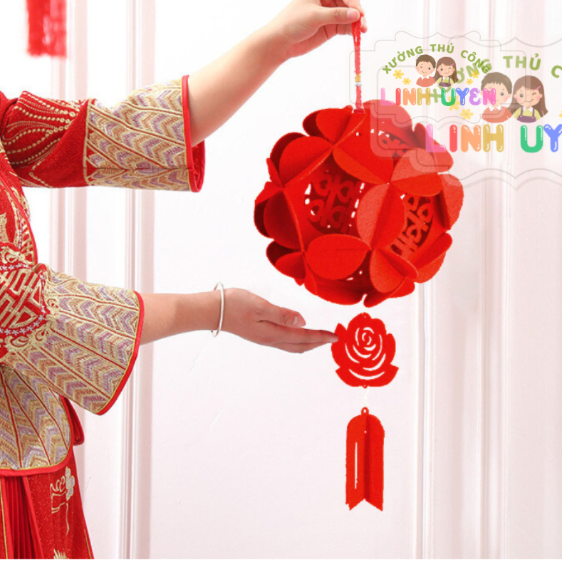 Lồng đèn màu đỏ chữ song hỷ có đuôi trang trí đám cưới